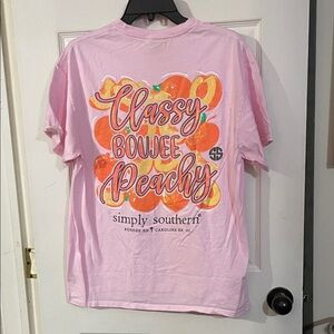 Simply Southern "Classy Boujee Peachy" Pink Tee. Size L